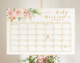 EDITIERBARE Baby Due Date Spiel, Baby Birthday Prediction Erraten Sie das Fälligkeitsdatum Due Date Kalender druckbare Floral blush rosa und gold Vorlage 010