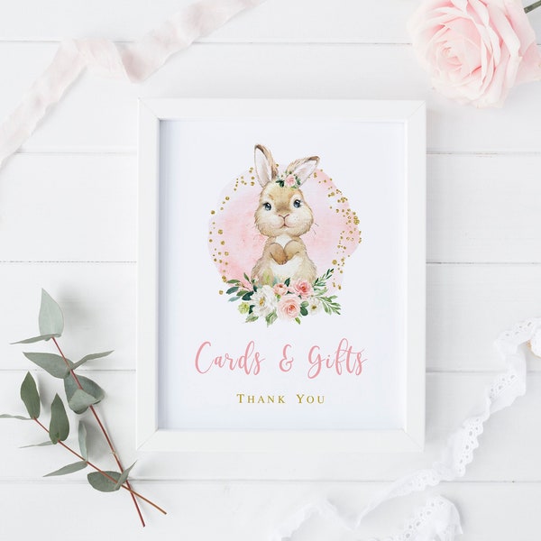 Bunny Cards and Gifts sign printable, Girl Baby Shower, Some bunny birthday, Floral Blush pink gold table decorations, Instant download 002