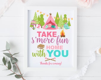 S'mores bar sign printable, Teepee birthday decorations, Take s'more fun home with you, girl camping birthday party, Camp, Glamping favors