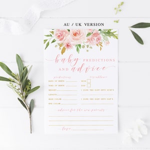 Cartes de prédictions et de conseils pour bébé AU/Royaume-Uni imprimables, jeu de baby shower floral pour filles, conseils en or rose poudré pour les parents, téléchargement immédiat, 010
