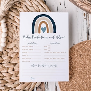 Boho arc-en-ciel bébé prédictions et cartes de conseils, jeux de douche de bébé imprimable, neutre de genre, prédiction de bébé en sourdine, conseils pour les parents 022