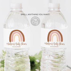 EDITABLE Boho rainbow water bottle labels printable, Muted Rainbow Baby shower, Modern Bridal shower, Birthday party, Instant Download 014