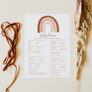 Gioco di quiz per baby shower Boho Rainbow Baby Trivia stampabile, toni della terra tenui, festa neutra per genere, quiz per baby shower Boho Girl in terracotta 014