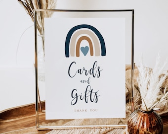 Cards and Gifts Sign Printable, Boho Rainbow Gifts Table Sign, Boy Baby Shower decorations, Blue Muted Rainbow Birthday Instant download 022