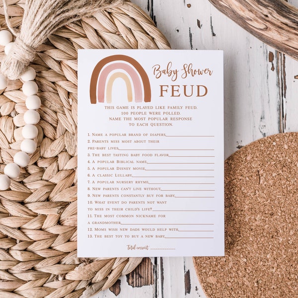 Boho Rainbow Baby Shower Feud Game + Answers, Digital Printable, Muted Rainbow Baby Family Feud, Girl, Instant Download 014