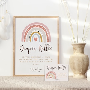 Boho Regenbogen Baby Shower Windel Raffle Zeichen und Tickets zum Ausdrucken, Muted Rainbow Party Spiele, Windel Raffle Kit, Mädchen 013