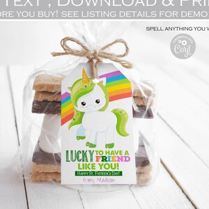 EDITABLE St. Patrick's Day Tag Printable, Rainbow Unicorn St. Patty's Gift Tags for kids, Classroom School, Personalized, Instant Download