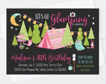 Editable Glamping invitation, Girl Camping birthday invitation, Slumber Party, Sleepover invitation, Camp Out party invite, template Corjl