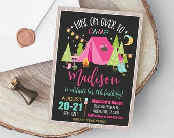 Editable Glamping Party Invitation Camp Out Birthday Invite Bonfire Outdoor Camping Tent Girl Pink Download Printable Template Corjl 006