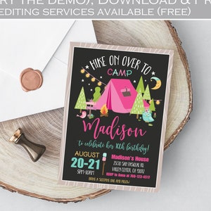 Editable Glamping Party Invitation Camp Out Birthday Invite Bonfire Outdoor Camping Tent Girl Pink Download Printable Template Corjl 006
