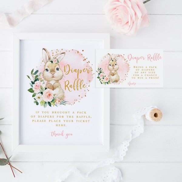 Bunny Diaper Raffle Sign and Tickets Printable, Floral Girl Baby Shower, Blush pink gold table decorations Insert Cards Instant download 002