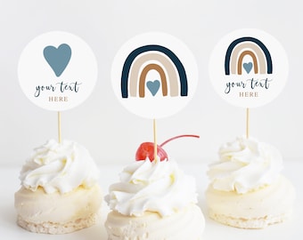 EDITABLE Boho rainbow Cupcake Toppers printable, Girl baby shower decorations, Terracotta Birthday party gift tags, Instant download, 022