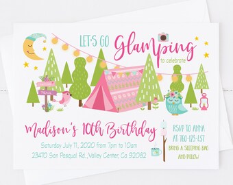 Editable Glamping invitation, Girl Camping invitation, Slumber Party, Sleepover invitation, Camp Out birthday party invite, template Corjl