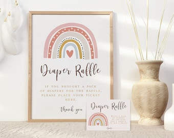 Boho Rainbow Baby Shower Diaper Raffle Sign and Tickets Printable, Muted Rainbow party games, Diaper Raffle Kit, Girl 013