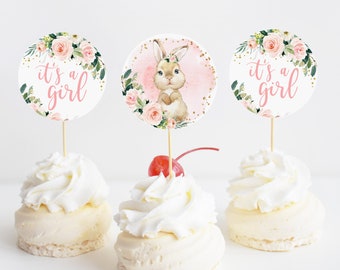 It's A Girl Bunny Baby Shower Cupcake Toppers printable, Floral Blush Pink and Gold Girl Baby Shower Table Decor, Boho, Instant download