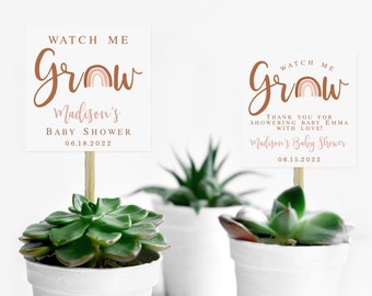 Boho Rainbow Watch Me Grow Tags printable, Succulent Thank you Tags, Girl baby shower party favors, Birthday Gifts, Editable template 014