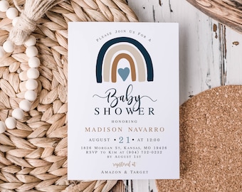 Editable Boho Rainbow Boy Baby Shower Invitation Printable, Muted Blue Rainbow, Terracotta, Earth tones Instant download Corjl template 022