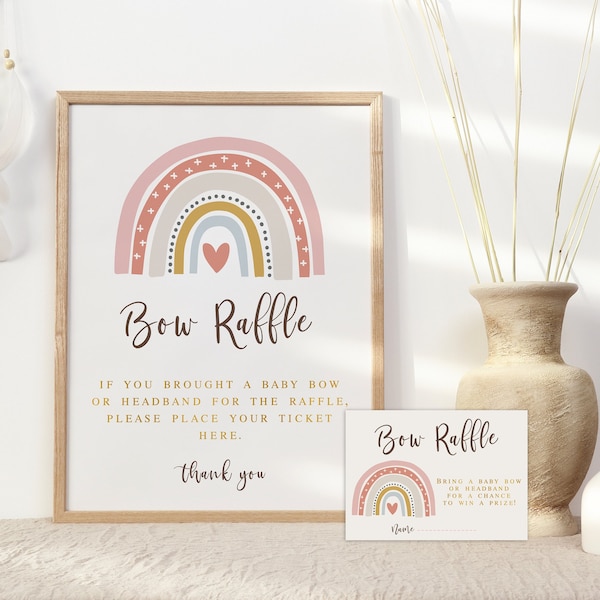 Boho Rainbow Baby Shower Bow Raffle Sign and Tickets Printable, Muted Rainbow party games, Bow Raffle Kit, Girl 013