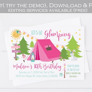 Editable Camping Birthday Invitation, Glamping invitation, Camping invitation, Girl Camp birthday party invite, Campfire Invitation template