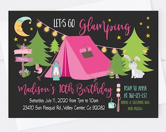 Editable Glamping invitation, Girl Camping invitation, Slumber Party, Sleepover invitation, Camp Out birthday party invite, template Corjl