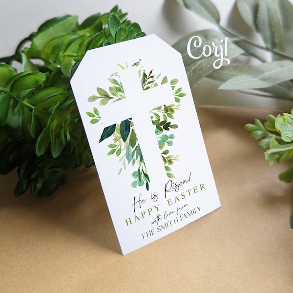 EDITABLE He is Risen Easter tags printable, Christian Church Favor Tag, Religious Watercolor Greenery Cross Tag, Instant Download Corjl  019