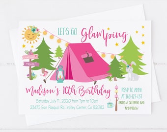 Editable Camping Birthday Invitation, Glamping invitation, Camping invitation, Girl Camp birthday party invite, Campfire Invitation template