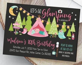 Editable Camping birthday invitation, Glamping invitations, Camping invitation girl Camp out invitation Glamping birthday party template 006