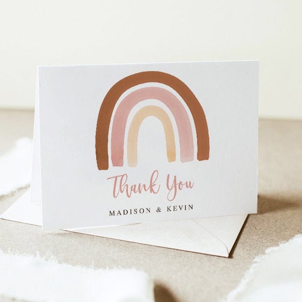EDITABLE Boho Rainbow thank you card printable, Girl baby shower flat & folded note card, Muted Gender Neutral Instant download template 014