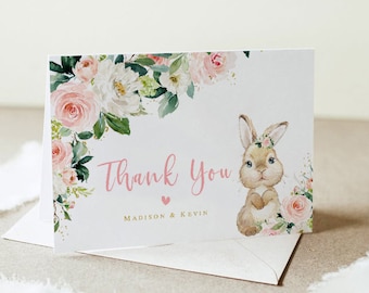 EDITABLE Bunny thank you card printable, Girl baby shower flat & folded note card, Floral Blush pink gold, Instant download template 002