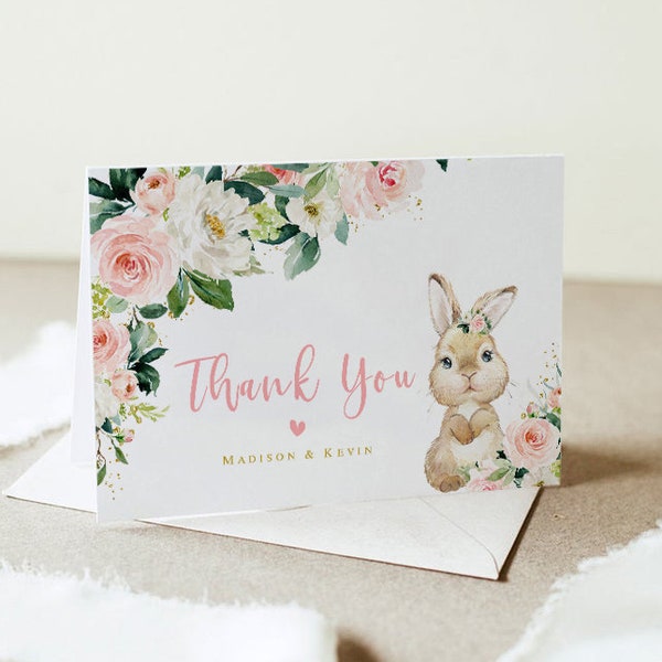 EDITABLE Bunny thank you card printable, Girl baby shower flat & folded note card, Floral Blush pink gold, Instant download template 002