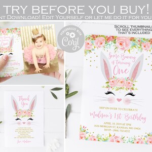 Bewerkbare Bunny verjaardagsuitnodiging, een of ander konijntje is één feest, Paasmeisje 1e verjaardagsuitnodiging, bedankkaart, roze goud ELKE LEEFTIJD 002