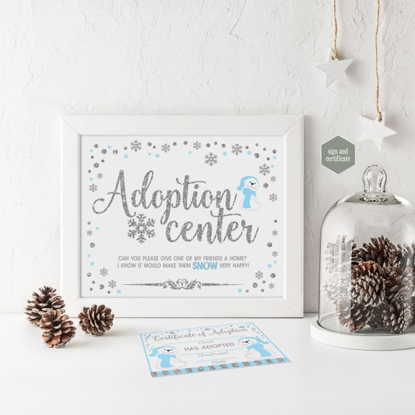 Polar bear Adoption Center Sign and Certificate printable, winter onederland party favors, blue and silver, winter wonderland gifts sign 005