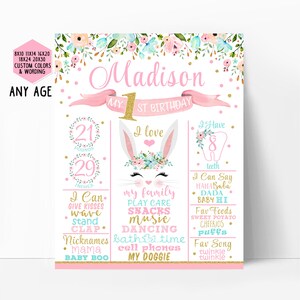 Bunny First Birthday Milestone Poster, Some Bunny is One, Spring Floral First Birthday Stats Sign, Chalkboard Sign, Pink gold printable 002