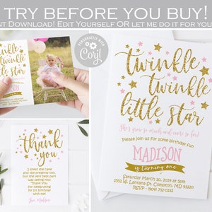 Editable Twinkle twinkle little star first birthday invitation, Girl Pink and gold first birthday photo invite, thank you card template
