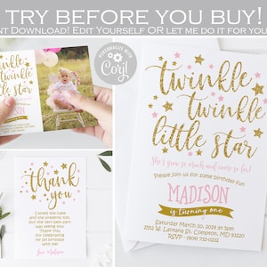 Bewerkbare Twinkle Twinkle Little Star eerste verjaardagsuitnodiging, Girl Pink en Gold eerste verjaardag foto-uitnodiging, bedankkaartsjabloon