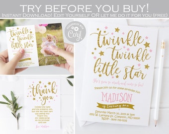 Editable Twinkle twinkle little star first birthday invitation, Girl Pink and gold first birthday photo invite, thank you card template