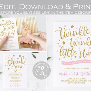 Bearbeitbar Twinkle Twinkle Stern erste Geburtstagseinladung, Mädchen Rosa und Gold erste Geburtstag Fotoeinladung, Dankeskartenvorlage