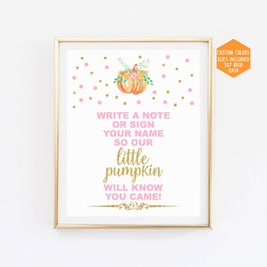 Write a note sign printable, guestbook sign, Pumpkin girl baby shower, pink and gold glitter, first birthday party, instant download 001