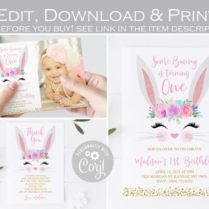 Bewerkbare Bunny verjaardagsuitnodiging, een of ander konijntje is één uitnodiging, Paasverjaardagsuitnodiging, bedankkaart, Roze goud lavendel ELKE LEEFTIJD 002