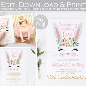 Invito di compleanno modificabile del coniglietto, un coniglietto è un invito, invito per il primo compleanno di Pasqua, biglietto di ringraziamento, oro rosa cipria 002