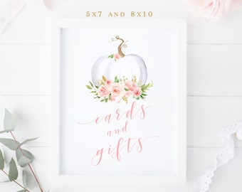 Cards and Gifts Sign Printable, Girl Baby Shower gifts sign, First birthday party, White Pumpkin, Fall Blush Pink Floral Table Decor, 011