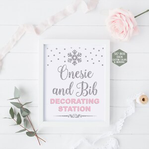 Onesie and Bib decorating station sign printable, winter wonderland decoration, pink and silver winter baby shower girl instant download 005