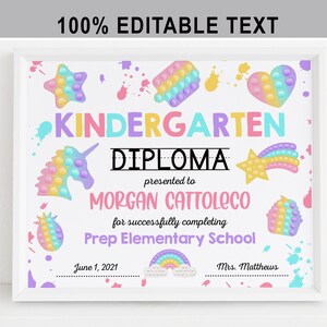 EDITABLE Girl Kindergarten diploma imprimible, Certificado personalizado, Pastel Pop it Fidget PreK Graduación plantilla Descarga instantánea 8x10