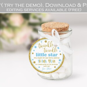 Twinkle twinkle little star thank you tag, blue and gold first birthday party favor tags, boy baby shower gift tags, Editable template