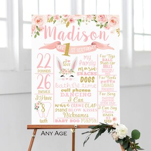 Bunny First Birthday Milestone Poster, Some Bunny is One Board, Floral First Birthday Stats Sign, Personalized Blush Pink and gold stampabile