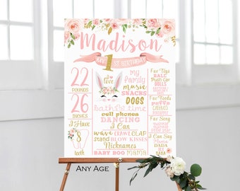 Bunny First Birthday Milestone Poster, Some Bunny is One Board, Floral First Birthday Stats Sign, Personalized Blush Pink and gold printable