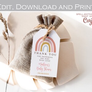 EDITABLE Boho rainbow thank you tag printable, baby shower favors template, Birthday party gift tag, Personalized Instant Download 024