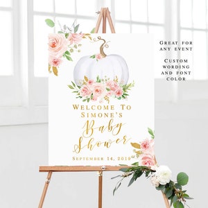 Pumpkin Baby Shower Welcome Sign Girl, Blush pink gold, white pumpkin welcome poster, Floral Fall Autumn Decorations, Personalized Printable