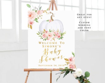 Pumpkin Baby Shower Welcome Sign Girl, Blush pink gold, white pumpkin welcome poster, Floral Fall Autumn Decorations, Personalized Printable