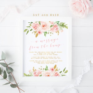 Message from the Bump Sign Printable, Girl Baby Shower game, Message from Baby, Blush Pink gold Floral Table Decoration Instant download 010